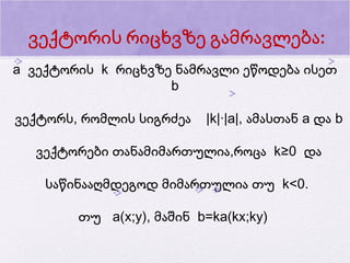 ვექტორის რიცხვზე გამრავლება:
а ვექტორის k რიცხვზე ნამრავლი ეწოდება ისეთ
b
ვექტორს, რომლის სიგრძეა

|k|·|а|, ამასთან а და b

ვექტორები თანამიმართულია,როცა k≥0 და
საწინააღმდეგოდ მიმართულია თუ k<0.
თუ a(x;y), მაშინ b=ka(kx;ky)

 