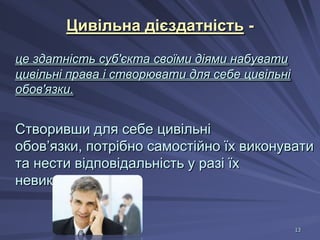 Цивільна дієздатність це здатність суб'єкта своїми діями набувати
цивільні права і створювати для себе цивільні
обов'язки.

Створивши для себе цивільні
обов’язки, потрібно самостійно їх виконувати
та нести відповідальність у разі їх
невиконання.

13

 