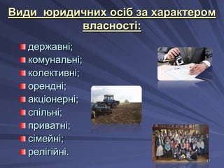 Види юридичних осіб за характером
власності:
державні;
комунальні;
колективні;
орендні;
акціонерні;
спільні;
приватні;
сімейні;
релігійні.
17

 