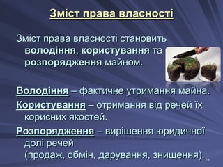 Зміст права власності
Зміст права власності становить
володіння, користування та
розпорядження майном.
Володіння – фактичне утримання майна.
Користування – отримання від речей їх
корисних якостей.
Розпорядження – вирішення юридичної
долі речей
(продаж, обмін, дарування, знищення).
24

 