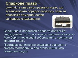 Спадкове право –
сукупність цивільно-правових норм, що
встановлюють порядок переходу прав та
обов'язків померлої особи
за правом спадкування.

Спадщина складається з прав та обов'язків
спадкодавця, тобто до складу спадщини входять і
його борги (невиконані зобов'язання, неоплачені
кредити тощо).
Підставою виникнення спадкових відносин є
смерть громадянина або оголошення його
померлим судом.
31

 