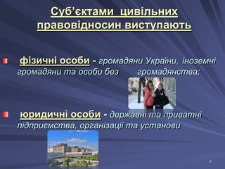Суб’єктами цивільних
правовідносин виступають
фізичні особи - громадяни України, іноземні
громадяни та особи без

громадянства;

юридичні особи - державні та приватні
підприємства, організації та установи

9

 
