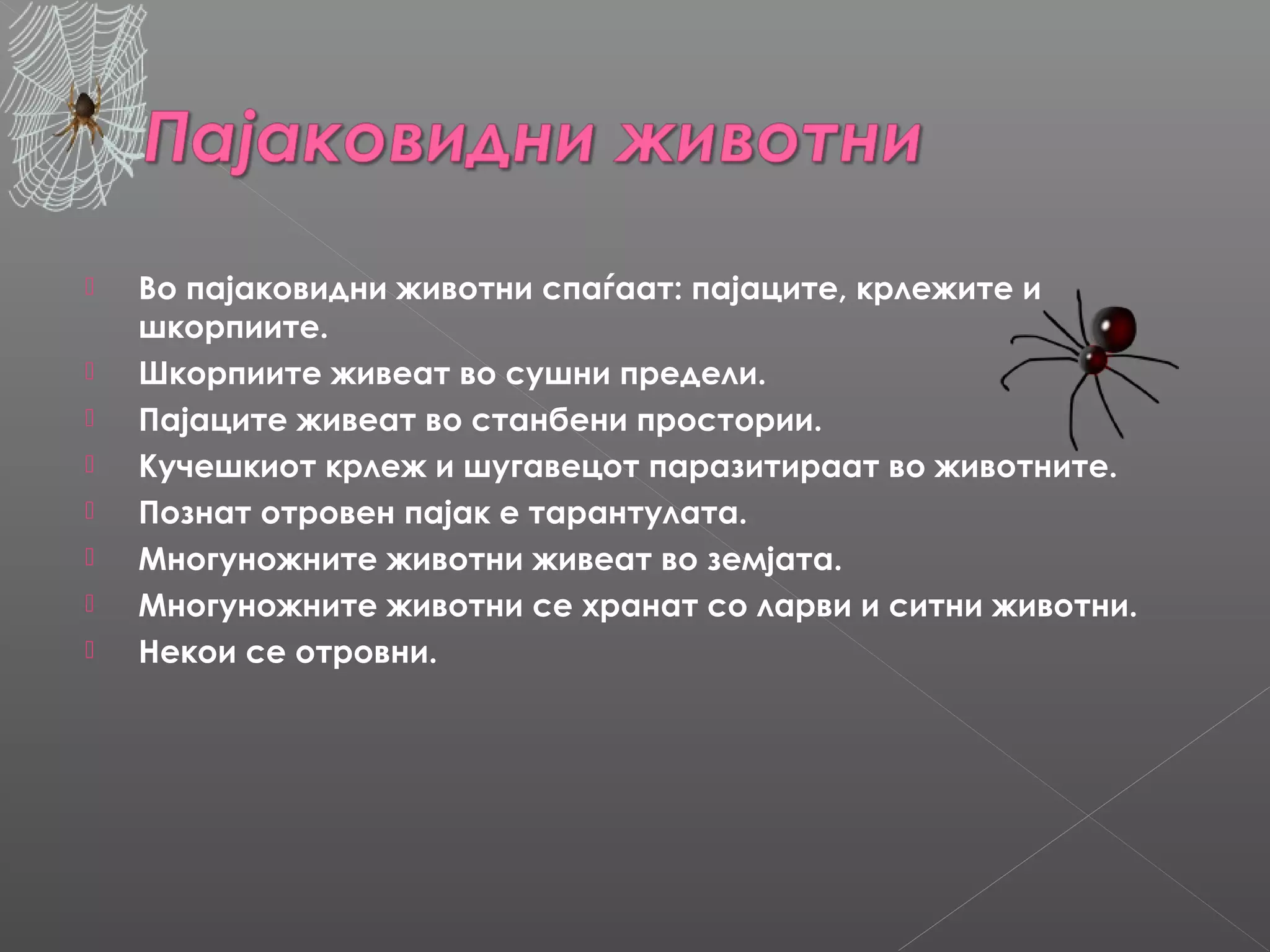 








Во пајаковидни животни спаѓаат: пајаците, крлежите и
шкорпиите.
Шкорпиите живеат во сушни предели.
Пајаците живеат во станбени простории.
Кучешкиот крлеж и шугавецот паразитираат во животните.
Познат отровен пајак е тарантулата.
Многуножните животни живеат во земјата.
Многуножните животни се хранат со ларви и ситни животни.
Некои се отровни.

 