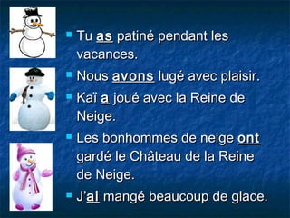 








Tu as patiné pendant les
vacances.
Nous avons lugé avec plaisir.
Kaȉ a joué avec la Reine de
Neige.
Les bonhommes de neige ont
gardé le Château de la Reine
de Neige.
J’ai mangé beaucoup de glace.

 