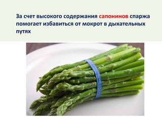 За счет высокого содержания сапонинов спаржа
помогает избавиться от мокрот в дыхательных
путях

 