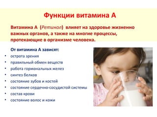 Функции витамина А
Витамина А (Ретинол) влияет на здоровье жизненно
важных органов, а также на многие процессы,
протекающие в организме человека.
От витамина А зависят:
•
•
•
•
•
•
•
•

острота зрения
правильный обмен веществ
работа гормональных желез
синтез белков
состояние зубов и костей
состояние сердечно-сосудистой системы
состав крови
состояние волос и кожи

 