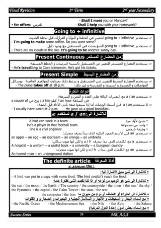 Final Revision

1st Term

 for offers: ‫للعرض‬

2nd year Secondary

- Shall I meet you on Monday?
- Shall I help you with your homework?

Going to + infinitive
‫ للتعبير عن الخطط و النوايا و القرارات قبل لحظة الحديث‬going to + infinitive ‫ نستخدم‬
- I'm going to make some coffee. Do you want some?
‫ التنبؤ بحدث فى المستقبل مع وجود دليل‬going to + infinitive ‫ نستخدم‬
- There are no clouds in the sky. It's going to be another sunny day.

Present Continuous ‫زمن المضارع المستمر‬
‫ يستخدم المضارع المستمر للتعبير عن المستقبل بالنسبة للترتيبات و الخطط المسبقة‬
- He's travelling to Cairo tomorrow. He's got his tickets.

Present Simple

‫زمن المضارع البسيط‬

‫ يستخدم المضارع البسيط للتعبيـر عـن المسـتقبل و يـرتبط ذلـك بجـداول المواعيـد الخاصـة بوسـائل‬
- The plane takes off at 10 p.m.
:‫المواصالت و المسرح و السينما و المدرسة و غير ذلك‬

‫أدوات النكرة‬
:‫ مع التعبيرات الدالة على العدد و الثمن و السرعة‬a / an ‫ تستخدم‬
a couple of ‫ / زوج من‬a kilo ‫ / كيلو‬an hour ‫فى الساعة‬
:‫ قبل أسماء الوجبات أما إذا سبقها صفة تأتي األداة قبل الصفة‬a / an ‫ ال تستخدم‬
- I usually have lunch at 2 p.m.
- He gave us a good breakfast.

 ‫ نستخدم‬a / an:‫لالشارة الى‬

A bird can work in a team
‫ شئ ألول مرة‬
He's a player in that football team.
‫ واحد من مجموعة‬
She is a civil engineer.
‫ وظيفة شخص‬
:‫ قبل االسم المفرد النكرة الذى يبدأ بحرف متحرك‬an ‫ نستخدم‬
an apple – an egg – an icecream – an orange – an umbrella
:‫ و لكن لها صوت ساكن‬u / h ‫ مع الكلمات التى تبدأ بـحرف‬a ‫ نستخدم‬
A hospital – a uniform – a useful book – a university – a European country
:‫ و لكن لها صوت متحرك‬u / h ‫ مع الكلمات التى تبدأ بـ‬an ‫ نستخدم‬
An honest man – an underground station

The definite article ‫أداة المعرفة‬
 ‫ نستخدم‬the :

:‫ لالشارة الى شئ ساق االشارة اليه‬
- A bird was put in a cage with some food. The bird couldn't reach the food.

‫ لالشارة الى شئ هو الوحيد من نوعه أو اذا كنا نةصد الشئ كفكرة عامة‬
the sun / the moon / the Earth / The country / the countryside / the town / the sea / the sky /
the Pyramids / the capital / the Cairo Tower / the state / the war.
the computer / the lion ‫ لالشارة الى اختراع أو اكتشاف أو نوع من حيوان ما‬

‫ مع أسماء الاحار و المحيطات و األنهار و السالسل الجالية و الاحيرات و الصحارى و الةنوات‬
- the Pacific Ocean

- the Mediterranean Sea

- the Nile

- the Alps

- the Sahara

)‫ مع أسماء بعض الدول (عادة الدول المركاة‬

Success Series

20

MR. A.S.A

 