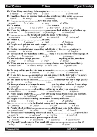 Final Revision

1st Term

2nd year Secondary

12- When I buy something, I always pay in…………………………
a- money
b- credit card
c- cash
d- debit card
13- Credit cards are so popular that one day people may stop using …………..
a- cash
b- money
c- currency
d- shopping
14- 1……………………………..have tea after lunch.
a- prefer
b- ‘d rather
c- want
d- ‘d like
15- I’d rather………………………………fast in town.
a- not driving
b- not to drive
c- don’t drive d- not drive
16- If you buy things................................you can not look at them or pick them up.
a- online
b- by credit card c- from shops
d- broadband
17- I…………………the hotel and booked a room for five days.
a- contacted
b- conducted
c- connected
d- contracted
18- France’s………………………….is Euro.
a- coin
b- currency
c- cash
d- banknote
19- People need quicker and easier ways………………pay for things.
a- to
b- of
c- for
d- on
20- Online companies have interesting websites to try to………….customers.
a- come
b- attract
c- admire
d- laugh at
21- You can find new furniture in this……There is a fantastic bed room on page 20.
a- shop
b- catalogue
c- flat
d- company
22- Not only these things, you can……………………..anything online, even food.
a- shop
b- connect
c- order
d- deliver
23- When you use a....................................money leaves your bank immediately.
a- credit card
b- plastic money c- debit card
d- plastic card
24- To shop online, you have to have a computer………………..to the internet.
a- used
b- entered
c- lined
d- connected
25- If you have a…………connection, you can connect to the internet very quickly.
a- computer
b- broadband
c- online
d- website
26- The dress my sister ordered…………………the internet was not of high quality.
a- to
b- from
c- for
d- of
27- Some products are always the same………you buy them online or from a shop.
a- although
b- when
c- however
d- whether
28- My wife……………….to buy things online, so we always go shopping.
a- would like
b- prefers
c- would rather
d- refuses
29- Many people prefer the………..way of buying things from shops and markets.
a- modem
b- traditional
c- online
d- convenient
30- People everywhere are using the internet for many different …………..
a- times
b- ways
c- sites
d- activities
31-………………………is the kind of money used by a certain country.
a- Currency
b- Credit
c- Cash
d- Coin
32- People who buy things……………………..don’t have to go to the shops.
a- by credit card
b- online
c- by debit card
d- in cash
33- You can order something online and have it…………………….….to your home
a- arrived
b- delivered
c- reached
d- received
34- If you want to save money, you can open a bank ……………………
a- account
b- accountant
c- accounted
d- accountancy
35- It’s a rally good camera. How much did you……………………………for it?
a- buy
b- pay
c- cost
d- spend

Success Series

36

MR. A.S.A

 