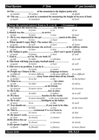 Final Revision

1st Term

2nd year Secondary

44-The…………………….
of the mountain is the highest point of it.
a) summit
b) surface
c) level
d) depth
45 -The sea…………is used as a standard for measuring the height of an area of land.
a) depth
b) standard
c) surface
d) level

Choose the correct answer from a, b .c or d:

( Grammar. )

1 .This shop is the nearest one…………………..my house.
a) of
b) from
c) to
d) on
2.Ahmed was the…………..……….to arrive.
a) late
b) later
c) last
d) least
3 – He is very depressed he has got …………………..mark in his class.
a) little
b) less
c) least
d) the least
4. When should I repay him?- The sooner the………..………
.
a) good
b) well
c) best
d) better
5 .Nada missed the train because she arrived ……………… at the railway station
a) late
b) later
c) last
d) lately
6 .My Italian is quite……………………………..but I can’t speak it quickly.
a) good
b) better
c) best
d) well
7 .Tom is……………as I’m .We are both 15.
a) old
b) older
c) old than
d) as old
8 .This book will help you to play football much ………………
a) good
b) better
c) best
d) well
9 .This test is no problem .I can do it………….………
a) easy
b) easily
c) easier
d) easiest
10 .People say Chinese is the………………..language to learn.
a) difficult
b) more difficult
c) the most difficult
d) as difficult
11 .1 live……………………….away from school than all my friends.
a) further
b) as far
c) far
d) the furthest
12 .Noha is as……………………………………. her sister.
a) old
b) older
c) )old than
d) old as
13 .He isn’t……………………………..as his friend.
a) cleverer
b) more clever
c) as clever
d) cleverest
14 .He is the………………………………..boy in class.
a) tall
b) taller
c) tallest
d) as tall
15 .We have
………………… beaches in the world.
a) beautiful
b) more beautiful
c) the most beautiful
d) most beautiful
16 .He is not………………………..intelligent as his father.
a) more
b) as
c) like
d) such
17 .You should eat………………………if you want to be slim.
a) least
b) little
c) less
d) the least
18 .This is………………….restaurant I’ve ever been to.
a) worst
b) worse
c) the worst
d) bad
19 .He doesn’t write ……………… .
a) clear
b) clearly
c) clearer
d) clearest
20.He drives his car ……………………
a) slow
b) slower
c) slowest
d) slowly
21.He speaks English …………………
a) fluent
b) fluently
c) fluency
d) more fluent

Success Series

52

MR. A.S.A

 