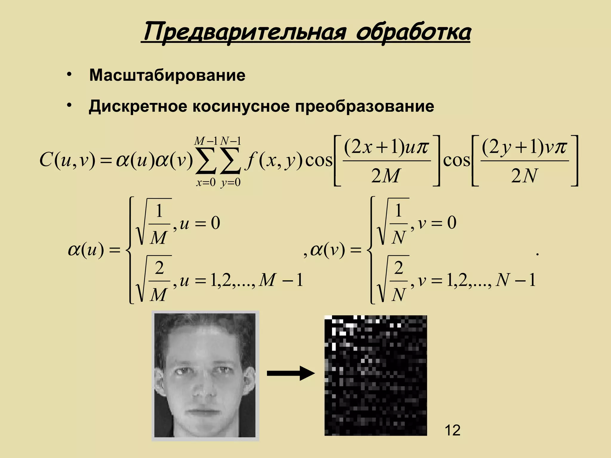 Предварительная обработка
• Масштабирование
• Дискретное косинусное преобразование

 (2 x + 1)uπ   (2 y + 1)vπ 
C (u , v) = α (u )α (v) ∑∑ f ( x, y ) cos 
 cos  2 N

 2M
 

x =0 y =0
M −1 N −1


 1
,u = 0


 M

α (u ) = 
, α (v ) = 
 2 , u = 1,2,..., M − 1

 M




1
,v = 0
N

.

2
, v = 1,2,..., N − 1
N

12

 
