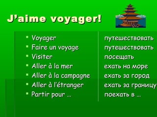 J’aime voyager!
Voyager
Faire un voyage
Visiter
Aller à la mer
Aller à la campagne
Aller à l’étranger
Partir pour …
путешествовать
путешествовать
посещать
ехать на море
ехать за город
ехать за границу
поехать в …