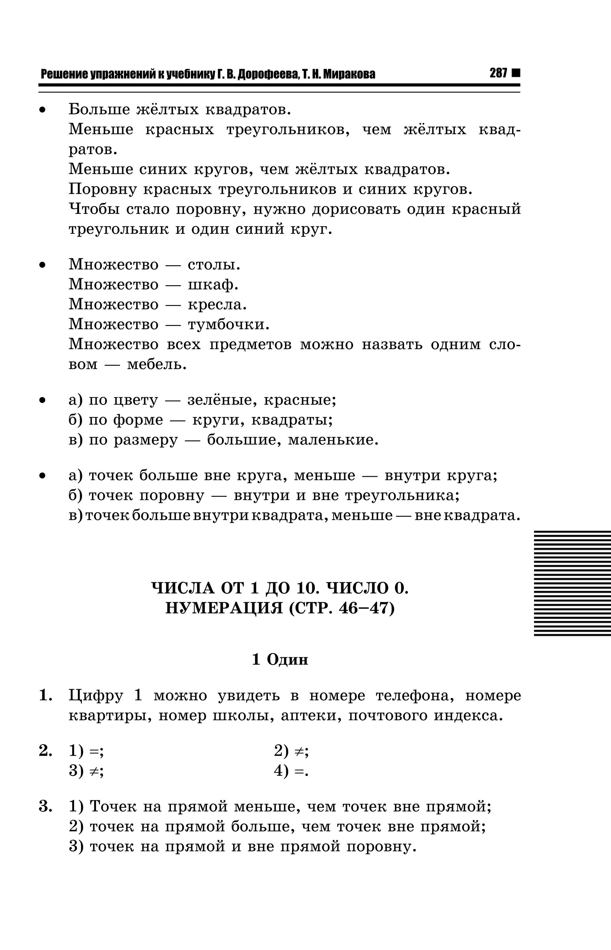 Решение упражнений к учебнику Г. В. Дорофеева, Т. Н. Миракова

287

•

Áîëüøå æ¸ëòûõ êâàäðàòîâ.
Ìåíüøå êðàñíûõ òðåóãîëüíèêîâ, ÷åì æ¸ëòûõ êâàäðàòîâ.
Ìåíüøå ñèíèõ êðóãîâ, ÷åì æ¸ëòûõ êâàäðàòîâ.
Ïîðîâíó êðàñíûõ òðåóãîëüíèêîâ è ñèíèõ êðóãîâ.
×òîáû ñòàëî ïîðîâíó, íóæíî äîðèñîâàòü îäèí êðàñíûé
òðåóãîëüíèê è îäèí ñèíèé êðóã.

•

Ìíîæåñòâî — ñòîëû.
Ìíîæåñòâî — øêàô.
Ìíîæåñòâî — êðåñëà.
Ìíîæåñòâî — òóìáî÷êè.
Ìíîæåñòâî âñåõ ïðåäìåòîâ ìîæíî íàçâàòü îäíèì ñëîâîì — ìåáåëü.

•

à) ïî öâåòó — çåë¸íûå, êðàñíûå;
á) ïî ôîðìå — êðóãè, êâàäðàòû;
â) ïî ðàçìåðó — áîëüøèå, ìàëåíüêèå.

•

à) òî÷åê áîëüøå âíå êðóãà, ìåíüøå — âíóòðè êðóãà;
á) òî÷åê ïîðîâíó — âíóòðè è âíå òðåóãîëüíèêà;
â) òî÷åê áîëüøå âíóòðè êâàäðàòà, ìåíüøå — âíå êâàäðàòà.

×ÈÑËÀ ÎÒ 1 ÄÎ 10. ×ÈÑËÎ 0.
ÍÓÌÅÐÀÖÈß (ÑÒÐ. 46–47)
1 Îäèí
1. Öèôðó 1 ìîæíî óâèäåòü â íîìåðå òåëåôîíà, íîìåðå
êâàðòèðû, íîìåð øêîëû, àïòåêè, ïî÷òîâîãî èíäåêñà.
2. 1) =;
3) ≠;

2) ≠;
4) =.

3. 1) Òî÷åê íà ïðÿìîé ìåíüøå, ÷åì òî÷åê âíå ïðÿìîé;
2) òî÷åê íà ïðÿìîé áîëüøå, ÷åì òî÷åê âíå ïðÿìîé;
3) òî÷åê íà ïðÿìîé è âíå ïðÿìîé ïîðîâíó.

 