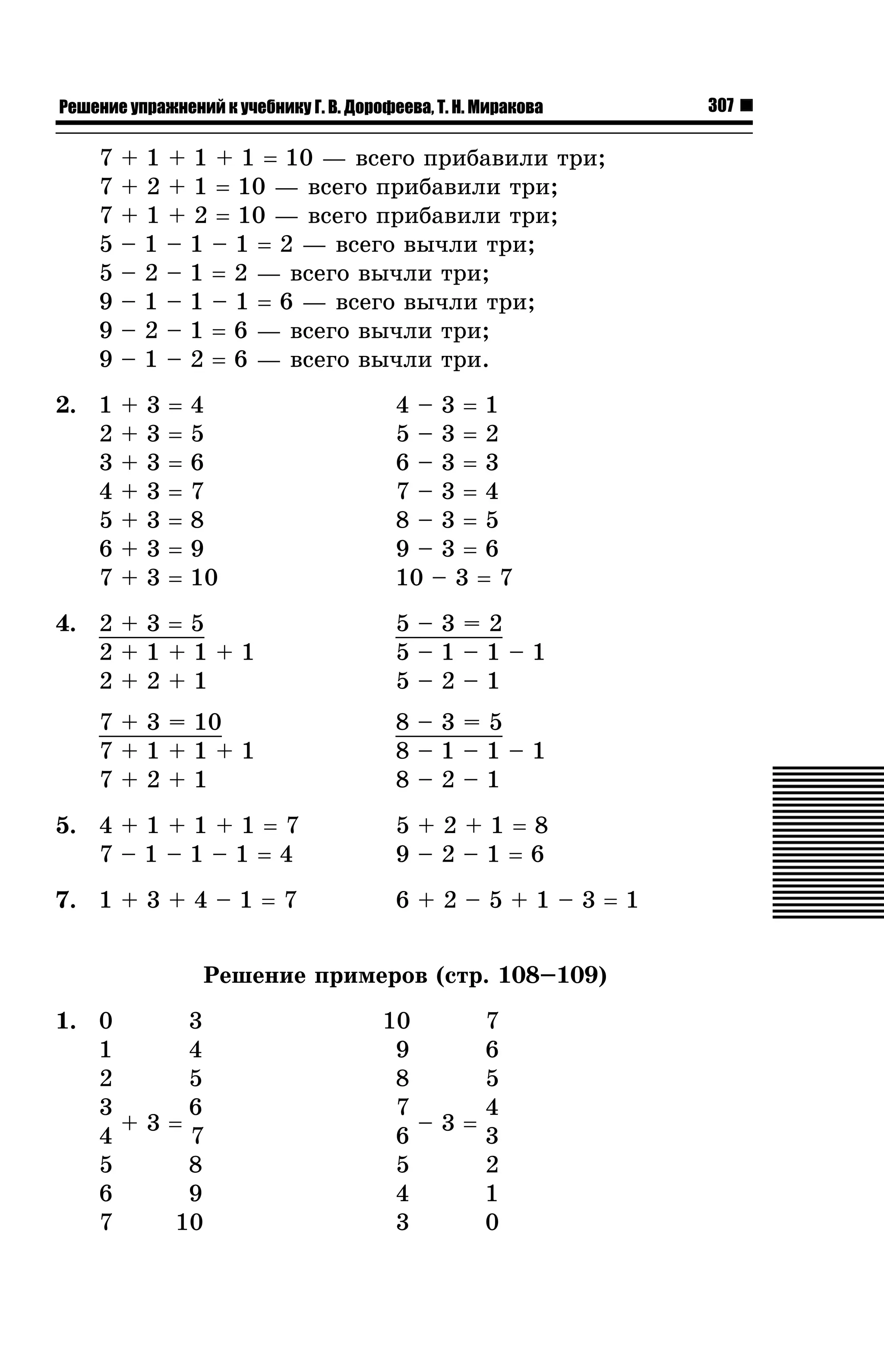 Решение упражнений к учебнику Г. В. Дорофеева, Т. Н. Миракова

7
7
7
5
5
9
9
9
2. 1
2
3
4
5
6
7

+ 1 + 1 + 1 = 10 — âñåãî ïðèáàâèëè òðè;
+ 2 + 1 = 10 — âñåãî ïðèáàâèëè òðè;
+ 1 + 2 = 10 — âñåãî ïðèáàâèëè òðè;
– 1 – 1 – 1 = 2 — âñåãî âû÷ëè òðè;
– 2 – 1 = 2 — âñåãî âû÷ëè òðè;
– 1 – 1 – 1 = 6 — âñåãî âû÷ëè òðè;
– 2 – 1 = 6 — âñåãî âû÷ëè òðè;
– 1 – 2 = 6 — âñåãî âû÷ëè òðè.
+
+
+
+
+
+
+

3
3
3
3
3
3
3

=
=
=
=
=
=
=

4
5
6
7
8
9
10

4–3=1
5–3=2
6–3=3
7–3=4
8–3=5
9–3=6
10 – 3 = 7

4. 2 + 3 = 5
2+1+1+1
2+2+1

5–3=2
5–1–1–1
5–2–1

7 + 3 = 10
7+1+1+1
7+2+1

8–3=5
8–1–1–1
8–2–1

5. 4 + 1 + 1 + 1 = 7
7–1–1–1=4

5+2+1=8
9–2–1=6

7. 1 + 3 + 4 – 1 = 7

6+2–5+1–3=1

Ðåøåíèå ïðèìåðîâ (ñòð. 108–109)
1. 0
3
1
4
2
5
3
6
+3=
4
7
5
8
6
9
7
10

10
7
9
6
8
5
7
4
–3=
6
3
5
2
4
1
3
0

307

 