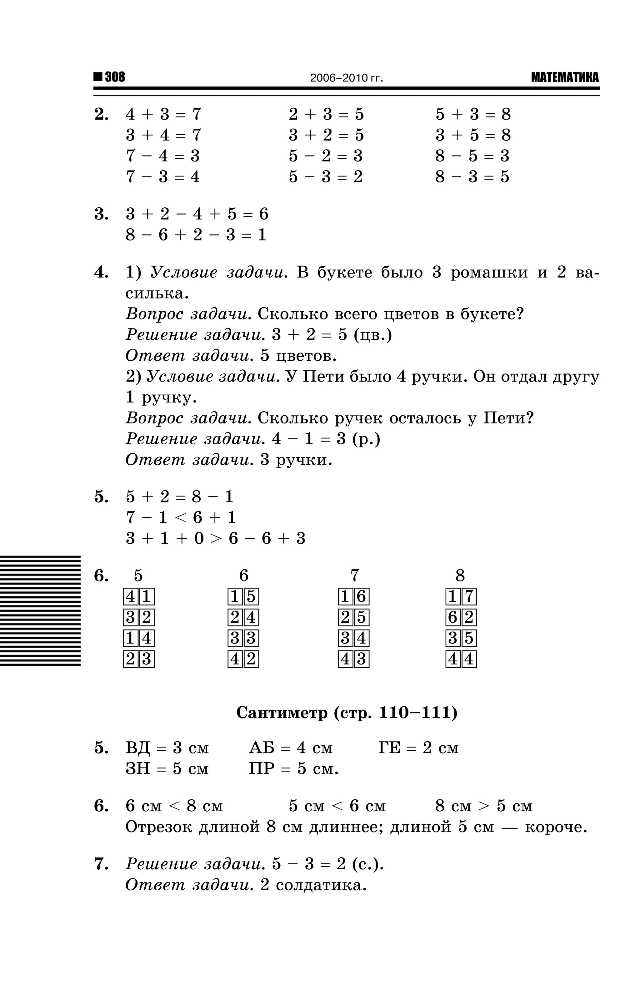 308

МАТЕМАТИКА

2006–2010 гг.

2. 4
3
7
7

+3=7
+4=7
–4=3
–3=4

2
3
5
5

+3=5
+2=5
–2=3
–3=2

5
3
8
8

+3=8
+5=8
–5=3
–3=5

3. 3 + 2 – 4 + 5 = 6
8–6+2–3=1
4. 1) Óñëîâèå çàäà÷è. Â áóêåòå áûëî 3 ðîìàøêè è 2 âàñèëüêà.
Âîïðîñ çàäà÷è. Ñêîëüêî âñåãî öâåòîâ â áóêåòå?
Ðåøåíèå çàäà÷è. 3 + 2 = 5 (öâ.)
Îòâåò çàäà÷è. 5 öâåòîâ.
2) Óñëîâèå çàäà÷è. Ó Ïåòè áûëî 4 ðó÷êè. Îí îòäàë äðóãó
1 ðó÷êó.
Âîïðîñ çàäà÷è. Ñêîëüêî ðó÷åê îñòàëîñü ó Ïåòè?
Ðåøåíèå çàäà÷è. 4 – 1 = 3 (ð.)
Îòâåò çàäà÷è. 3 ðó÷êè.
5. 5 + 2 = 8 – 1
7–1<6+1
3+1+0>6–6+3
6.

5
41
32
14
23

6
15
24
33
42

7
16
25
34
43

8
17
62
35
44

Ñàíòèìåòð (ñòð. 110–111)
5. ÂÄ = 3 ñì
ÇÍ = 5 ñì

ÀÁ = 4 ñì
ÏÐ = 5 ñì.

ÃÅ = 2 ñì

6. 6 ñì < 8 ñì
5 ñì < 6 ñì
8 ñì > 5 ñì
Îòðåçîê äëèíîé 8 ñì äëèííåå; äëèíîé 5 ñì — êîðî÷å.
7. Ðåøåíèå çàäà÷è. 5 – 3 = 2 (ñ.).
Îòâåò çàäà÷è. 2 ñîëäàòèêà.

 