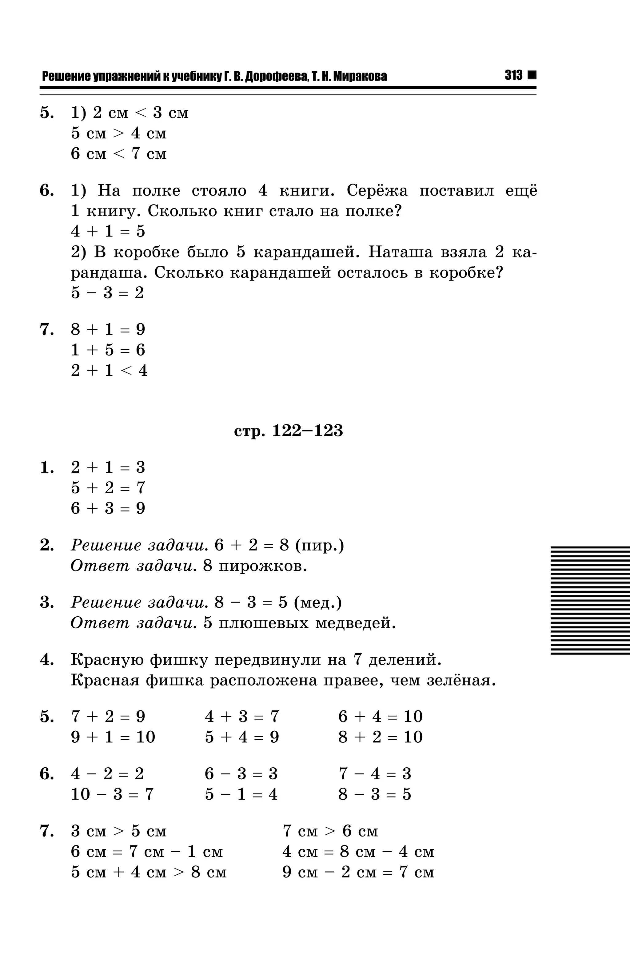 Решение упражнений к учебнику Г. В. Дорофеева, Т. Н. Миракова

313

5. 1) 2 ñì < 3 ñì
5 ñì > 4 ñì
6 ñì < 7 ñì
6. 1) Íà ïîëêå ñòîÿëî 4 êíèãè. Ñåð¸æà ïîñòàâèë åù¸
1 êíèãó. Ñêîëüêî êíèã ñòàëî íà ïîëêå?
4+1=5
2) Â êîðîáêå áûëî 5 êàðàíäàøåé. Íàòàøà âçÿëà 2 êàðàíäàøà. Ñêîëüêî êàðàíäàøåé îñòàëîñü â êîðîáêå?
5–3=2
7. 8 + 1 = 9
1+5=6
2+1<4

ñòð. 122–123
1. 2 + 1 = 3
5+2=7
6+3=9
2. Ðåøåíèå çàäà÷è. 6 + 2 = 8 (ïèð.)
Îòâåò çàäà÷è. 8 ïèðîæêîâ.
3. Ðåøåíèå çàäà÷è. 8 – 3 = 5 (ìåä.)
Îòâåò çàäà÷è. 5 ïëþøåâûõ ìåäâåäåé.
4. Êðàñíóþ ôèøêó ïåðåäâèíóëè íà 7 äåëåíèé.
Êðàñíàÿ ôèøêà ðàñïîëîæåíà ïðàâåå, ÷åì çåë¸íàÿ.
5. 7 + 2 = 9
9 + 1 = 10

4+3=7
5+4=9

6 + 4 = 10
8 + 2 = 10

6. 4 – 2 = 2
10 – 3 = 7

6–3=3
5–1=4

7–4=3
8–3=5

7. 3 ñì > 5 ñì
6 ñì = 7 ñì – 1 ñì
5 ñì + 4 ñì > 8 ñì

7 ñì > 6 ñì
4 ñì = 8 ñì – 4 ñì
9 ñì – 2 ñì = 7 ñì

 