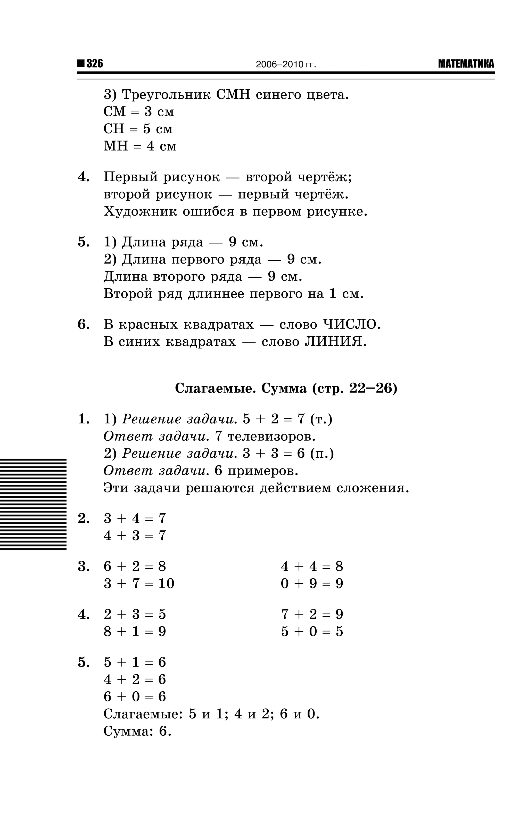 326

2006–2010 гг.

3) Òðåóãîëüíèê ÑÌÍ ñèíåãî öâåòà.
ÑÌ = 3 ñì
ÑÍ = 5 ñì
ÌÍ = 4 ñì
4. Ïåðâûé ðèñóíîê — âòîðîé ÷åðò¸æ;
âòîðîé ðèñóíîê — ïåðâûé ÷åðò¸æ.
Õóäîæíèê îøèáñÿ â ïåðâîì ðèñóíêå.
5. 1) Äëèíà ðÿäà — 9 ñì.
2) Äëèíà ïåðâîãî ðÿäà — 9 ñì.
Äëèíà âòîðîãî ðÿäà — 9 ñì.
Âòîðîé ðÿä äëèííåå ïåðâîãî íà 1 ñì.
6. Â êðàñíûõ êâàäðàòàõ — ñëîâî ×ÈÑËÎ.
Â ñèíèõ êâàäðàòàõ — ñëîâî ËÈÍÈß.
Ñëàãàåìûå. Ñóììà (ñòð. 22–26)
1. 1) Ðåøåíèå çàäà÷è. 5 + 2 = 7 (ò.)
Îòâåò çàäà÷è. 7 òåëåâèçîðîâ.
2) Ðåøåíèå çàäà÷è. 3 + 3 = 6 (ï.)
Îòâåò çàäà÷è. 6 ïðèìåðîâ.
Ýòè çàäà÷è ðåøàþòñÿ äåéñòâèåì ñëîæåíèÿ.
2. 3 + 4 = 7
4+3=7
3. 6 + 2 = 8
3 + 7 = 10

4+4=8
0+9=9

4. 2 + 3 = 5
8+1=9

7+2=9
5+0=5

5. 5 + 1 = 6
4+2=6
6+0=6
Ñëàãàåìûå: 5 è 1; 4 è 2; 6 è 0.
Ñóììà: 6.

МАТЕМАТИКА

 
