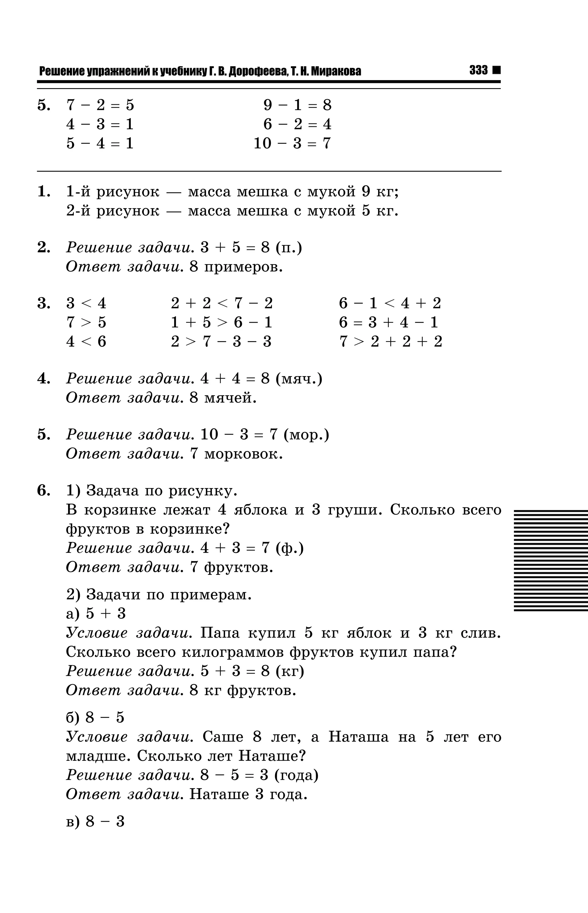 Решение упражнений к учебнику Г. В. Дорофеева, Т. Н. Миракова

5. 7 – 2 = 5
4–3=1
5–4=1

333

9–1=8
6–2=4
10 – 3 = 7

1. 1-é ðèñóíîê — ìàññà ìåøêà ñ ìóêîé 9 êã;
2-é ðèñóíîê — ìàññà ìåøêà ñ ìóêîé 5 êã.
2. Ðåøåíèå çàäà÷è. 3 + 5 = 8 (ï.)
Îòâåò çàäà÷è. 8 ïðèìåðîâ.
3. 3 < 4
7>5
4<6

2+2<7–2
1+5>6–1
2>7–3–3

6–1<4+2
6=3+4–1
7>2+2+2

4. Ðåøåíèå çàäà÷è. 4 + 4 = 8 (ìÿ÷.)
Îòâåò çàäà÷è. 8 ìÿ÷åé.
5. Ðåøåíèå çàäà÷è. 10 – 3 = 7 (ìîð.)
Îòâåò çàäà÷è. 7 ìîðêîâîê.
6. 1) Çàäà÷à ïî ðèñóíêó.
Â êîðçèíêå ëåæàò 4 ÿáëîêà è 3 ãðóøè. Ñêîëüêî âñåãî
ôðóêòîâ â êîðçèíêå?
Ðåøåíèå çàäà÷è. 4 + 3 = 7 (ô.)
Îòâåò çàäà÷è. 7 ôðóêòîâ.
2) Çàäà÷è ïî ïðèìåðàì.
à) 5 + 3
Óñëîâèå çàäà÷è. Ïàïà êóïèë 5 êã ÿáëîê è 3 êã ñëèâ.
Ñêîëüêî âñåãî êèëîãðàììîâ ôðóêòîâ êóïèë ïàïà?
Ðåøåíèå çàäà÷è. 5 + 3 = 8 (êã)
Îòâåò çàäà÷è. 8 êã ôðóêòîâ.
á) 8 – 5
Óñëîâèå çàäà÷è. Ñàøå 8 ëåò, à Íàòàøà íà 5 ëåò åãî
ìëàäøå. Ñêîëüêî ëåò Íàòàøå?
Ðåøåíèå çàäà÷è. 8 – 5 = 3 (ãîäà)
Îòâåò çàäà÷è. Íàòàøå 3 ãîäà.
â) 8 – 3

 