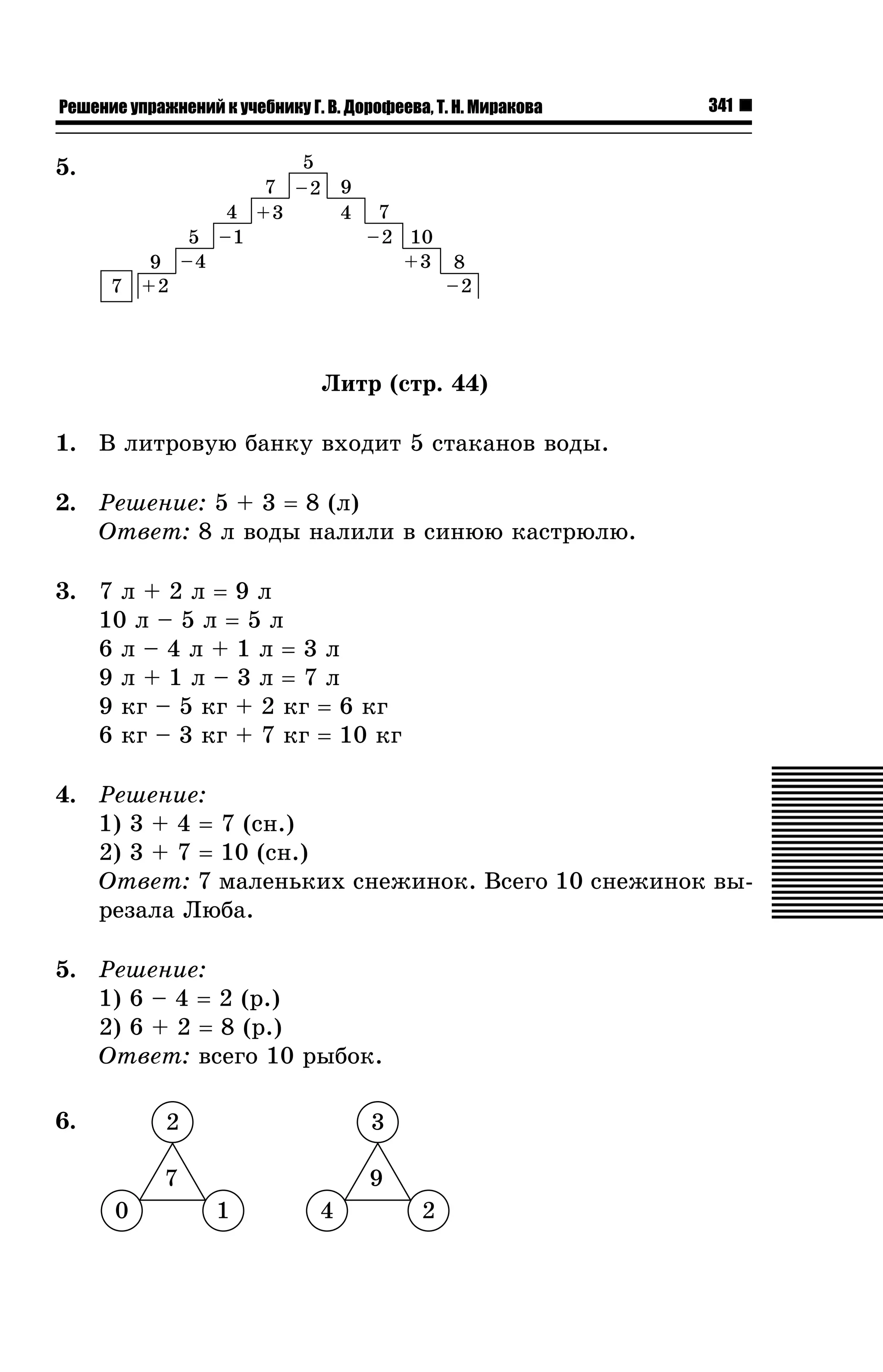 Решение упражнений к учебнику Г. В. Дорофеева, Т. Н. Миракова

5.

7

9
+2

5
7 –2 9
4 +3
4 7
–2 10
5 –1
–4
+3

341

8
–2

Ëèòð (ñòð. 44)
1. Â ëèòðîâóþ áàíêó âõîäèò 5 ñòàêàíîâ âîäû.
2. Ðåøåíèå: 5 + 3 = 8 (ë)
Îòâåò: 8 ë âîäû íàëèëè â ñèíþþ êàñòðþëþ.
3. 7 ë + 2 ë = 9 ë
10 ë – 5 ë = 5 ë
6ë–4ë+1ë=3ë
9ë+1ë–3ë=7ë
9 êã – 5 êã + 2 êã = 6 êã
6 êã – 3 êã + 7 êã = 10 êã
4. Ðåøåíèå:
1) 3 + 4 = 7 (ñí.)
2) 3 + 7 = 10 (ñí.)
Îòâåò: 7 ìàëåíüêèõ ñíåæèíîê. Âñåãî 10 ñíåæèíîê âûðåçàëà Ëþáà.
5. Ðåøåíèå:
1) 6 – 4 = 2 (ð.)
2) 6 + 2 = 8 (ð.)
Îòâåò: âñåãî 10 ðûáîê.
6.

2
7
0

3
9
1

4

2

 