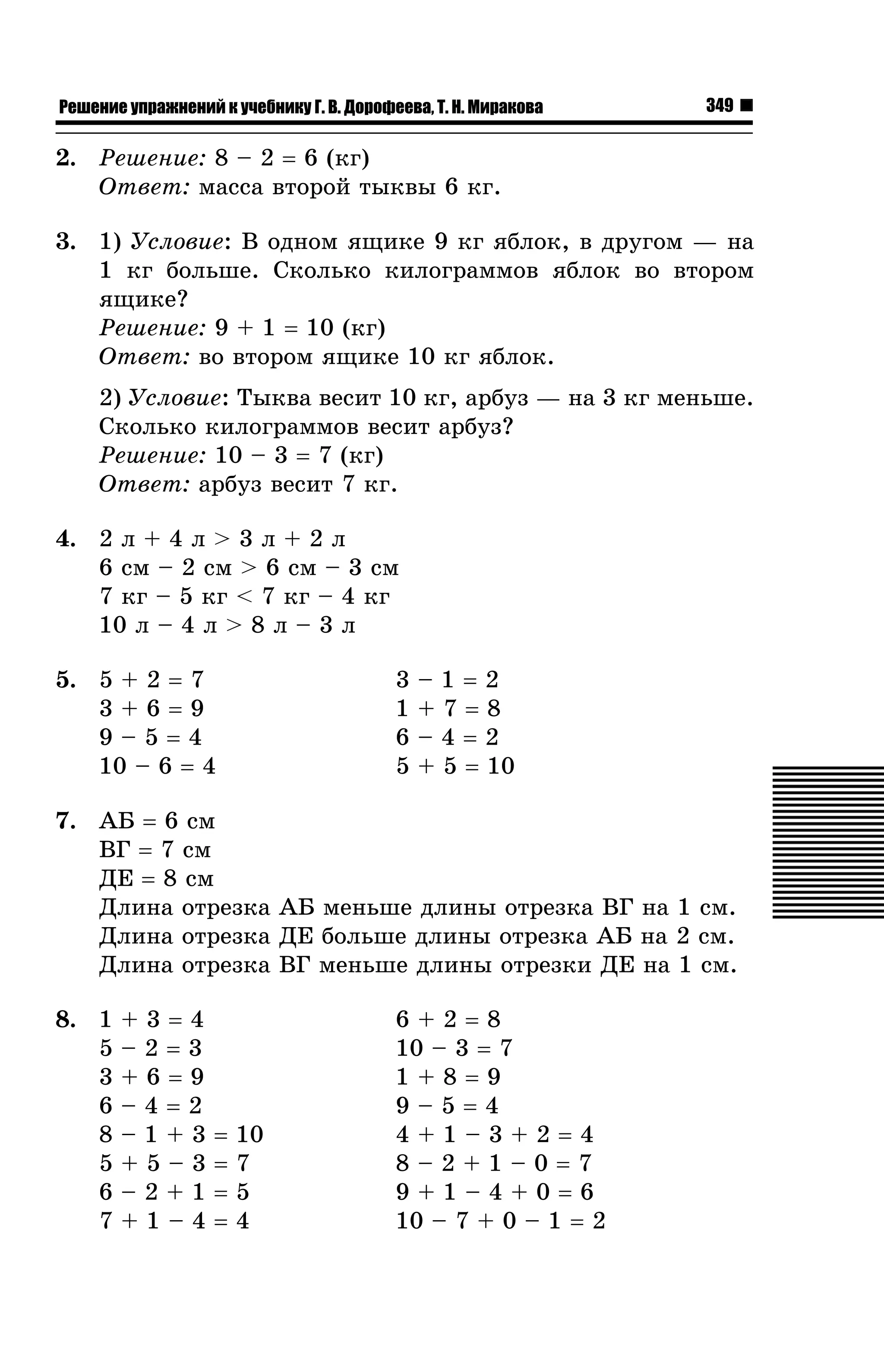 Решение упражнений к учебнику Г. В. Дорофеева, Т. Н. Миракова

349

2. Ðåøåíèå: 8 – 2 = 6 (êã)
Îòâåò: ìàññà âòîðîé òûêâû 6 êã.
3. 1) Óñëîâèå: Â îäíîì ÿùèêå 9 êã ÿáëîê, â äðóãîì — íà
1 êã áîëüøå. Ñêîëüêî êèëîãðàììîâ ÿáëîê âî âòîðîì
ÿùèêå?
Ðåøåíèå: 9 + 1 = 10 (êã)
Îòâåò: âî âòîðîì ÿùèêå 10 êã ÿáëîê.
2) Óñëîâèå: Òûêâà âåñèò 10 êã, àðáóç — íà 3 êã ìåíüøå.
Ñêîëüêî êèëîãðàììîâ âåñèò àðáóç?
Ðåøåíèå: 10 – 3 = 7 (êã)
Îòâåò: àðáóç âåñèò 7 êã.
4. 2 ë + 4 ë > 3 ë + 2 ë
6 ñì – 2 ñì > 6 ñì – 3 ñì
7 êã – 5 êã < 7 êã – 4 êã
10 ë – 4 ë > 8 ë – 3 ë
5. 5 + 2 = 7
3+6=9
9–5=4
10 – 6 = 4

3
1
6
5

–1=2
+7=8
–4=2
+ 5 = 10

7. ÀÁ = 6 ñì
ÂÃ = 7 ñì
ÄÅ = 8 ñì
Äëèíà îòðåçêà ÀÁ ìåíüøå äëèíû îòðåçêà ÂÃ íà 1 ñì.
Äëèíà îòðåçêà ÄÅ áîëüøå äëèíû îòðåçêà ÀÁ íà 2 ñì.
Äëèíà îòðåçêà ÂÃ ìåíüøå äëèíû îòðåçêè ÄÅ íà 1 ñì.
8. 1
5
3
6
8
5
6
7

+3=4
–2=3
+6=9
–4=2
–1+3
+5–3
–2+1
+1–4

=
=
=
=

10
7
5
4

6+2=8
10 – 3 = 7
1+8=9
9–5=4
4+1–3+2=4
8–2+1–0=7
9+1–4+0=6
10 – 7 + 0 – 1 = 2

 