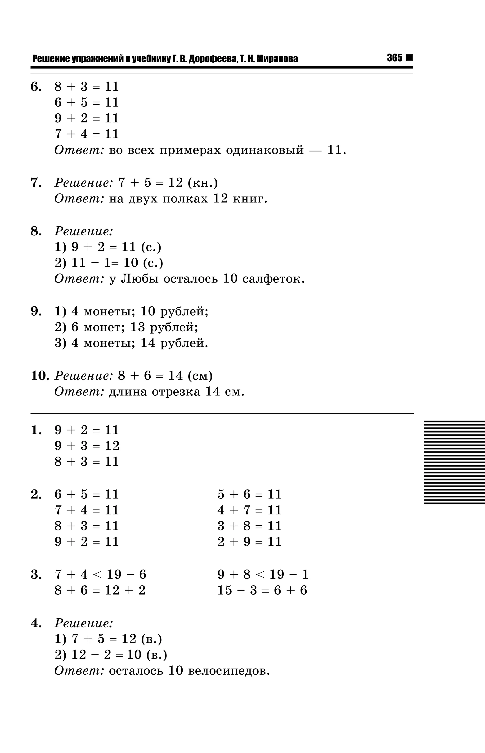 Решение упражнений к учебнику Г. В. Дорофеева, Т. Н. Миракова

6. 8 + 3 = 11
6 + 5 = 11
9 + 2 = 11
7 + 4 = 11
Îòâåò: âî âñåõ ïðèìåðàõ îäèíàêîâûé — 11.
7. Ðåøåíèå: 7 + 5 = 12 (êí.)
Îòâåò: íà äâóõ ïîëêàõ 12 êíèã.
8. Ðåøåíèå:
1) 9 + 2 = 11 (ñ.)
2) 11 – 1= 10 (ñ.)
Îòâåò: ó Ëþáû îñòàëîñü 10 ñàëôåòîê.
9. 1) 4 ìîíåòû; 10 ðóáëåé;
2) 6 ìîíåò; 13 ðóáëåé;
3) 4 ìîíåòû; 14 ðóáëåé.
10. Ðåøåíèå: 8 + 6 = 14 (ñì)
Îòâåò: äëèíà îòðåçêà 14 ñì.
1. 9 + 2 = 11
9 + 3 = 12
8 + 3 = 11
2. 6
7
8
9

+
+
+
+

5
4
3
2

=
=
=
=

11
11
11
11

3. 7 + 4 < 19 – 6
8 + 6 = 12 + 2

5
4
3
2

+
+
+
+

6
7
8
9

=
=
=
=

11
11
11
11

9 + 8 < 19 – 1
15 – 3 = 6 + 6

4. Ðåøåíèå:
1) 7 + 5 = 12 (â.)
2) 12 – 2 = 10 (â.)
Îòâåò: îñòàëîñü 10 âåëîñèïåäîâ.

365

 