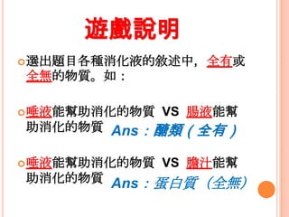 遊戲說明
 選出題目各種消化液的敘述中，全有或

全無的物質。如：
 唾液能幫助消化的物質

VS 腸液能幫

助消化的物質 Ans：醣類（全有）
 唾液能幫助消化的物質

VS 膽汁能幫

助消化的物質 Ans：蛋白質（全無）

 