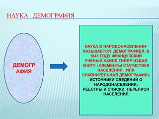 НАУКА ДЕМОГРАФИЯ

ДЕМОГР
АФИЯ

НАУКА О НАРОДОНАСЕЛЕНИИНАЗЫВАЕТСЯ ДЕМОГРАФИЕЙ. В
1841 ГОДУ ФРАНЦУЗСКИЙ
УЧЕНЫЙ АХИЛЛ ГИЙЯР ИЗДАЛ
КНИГУ «ЭЛЕМЕНТЫ СТАТИСТИКИ
НАСЕЛЕНИЯ, ИЛИ
СРАВНИТЕЛЬНАЯ ДЕМОГРАФИЯ»
ИСТОЧНИКИ СВЕДЕНИЙ О
НАРОДОНАСЕЛЕНИИ:
РЕЕСТРЫ И СПИСКИ; ПЕРЕПИСИ
НАСЕЛЕНИЯ

 