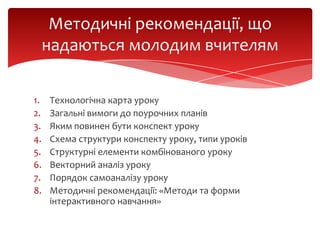 Методичні рекомендації, що
надаються молодим вчителям
1.
2.
3.
4.
5.
6.
7.
8.

Технологічна карта уроку
Загальні вимоги до поурочних планів
Яким повинен бути конспект уроку
Схема структури конспекту уроку, типи уроків
Структурні елементи комбінованого уроку
Векторний аналіз уроку
Порядок самоаналізу уроку
Методичні рекомендації: «Методи та форми
інтерактивного навчання»

 