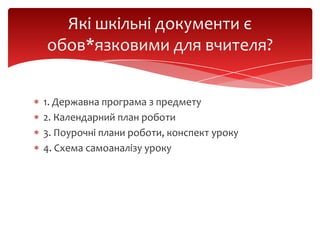 Які шкільні документи є
обов*язковими для вчителя?
1. Державна програма з предмету
2. Календарний план роботи
3. Поурочні плани роботи, конспект уроку
4. Схема самоаналізу уроку

 