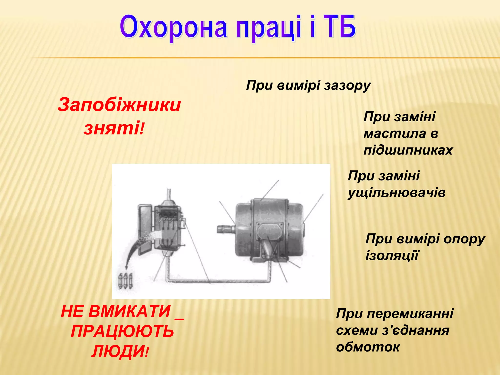 При вимірі зазору

Запобіжники
зняті!

При заміні
мастила в
підшипниках
При заміні
ущільнювачів
При вимірі опору
ізоляції

НЕ ВМИКАТИ _
ПРАЦЮЮТЬ
ЛЮДИ!

При перемиканні
схеми з'єднання
обмоток

 