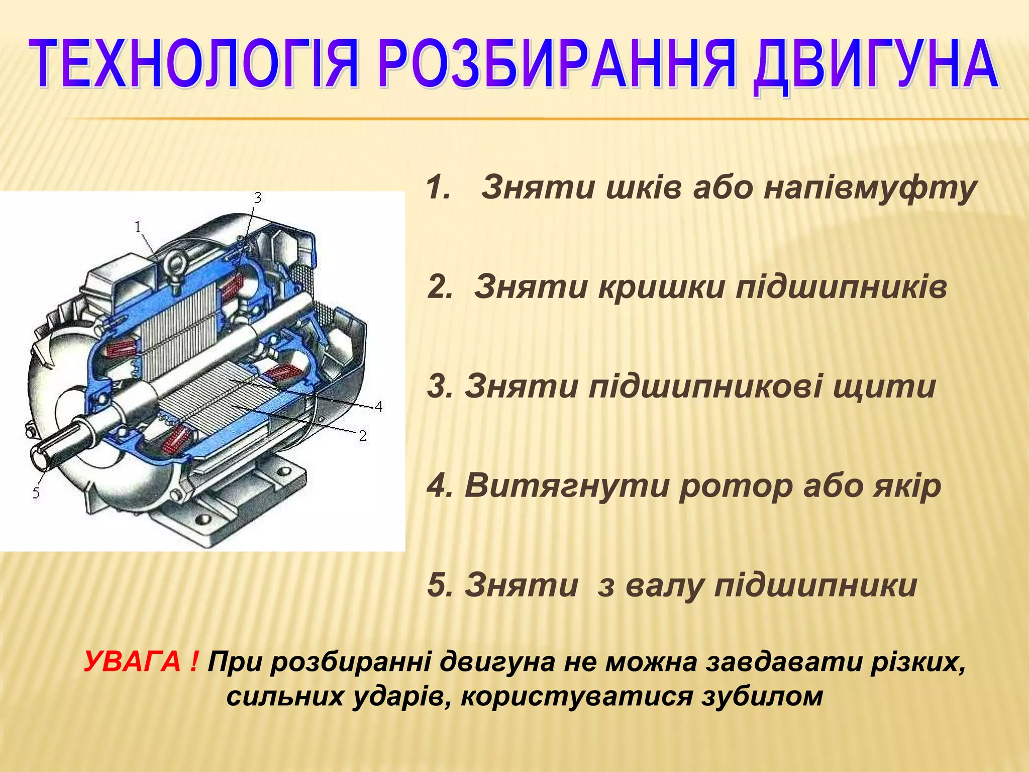 1. Зняти шків або напівмуфту
2. Зняти кришки підшипників
3. Зняти підшипникові щити
4. Витягнути ротор або якір
5. Зняти з валу підшипники
УВАГА ! При розбиранні двигуна не можна завдавати різких,
сильних ударів, користуватися зубилом

 
