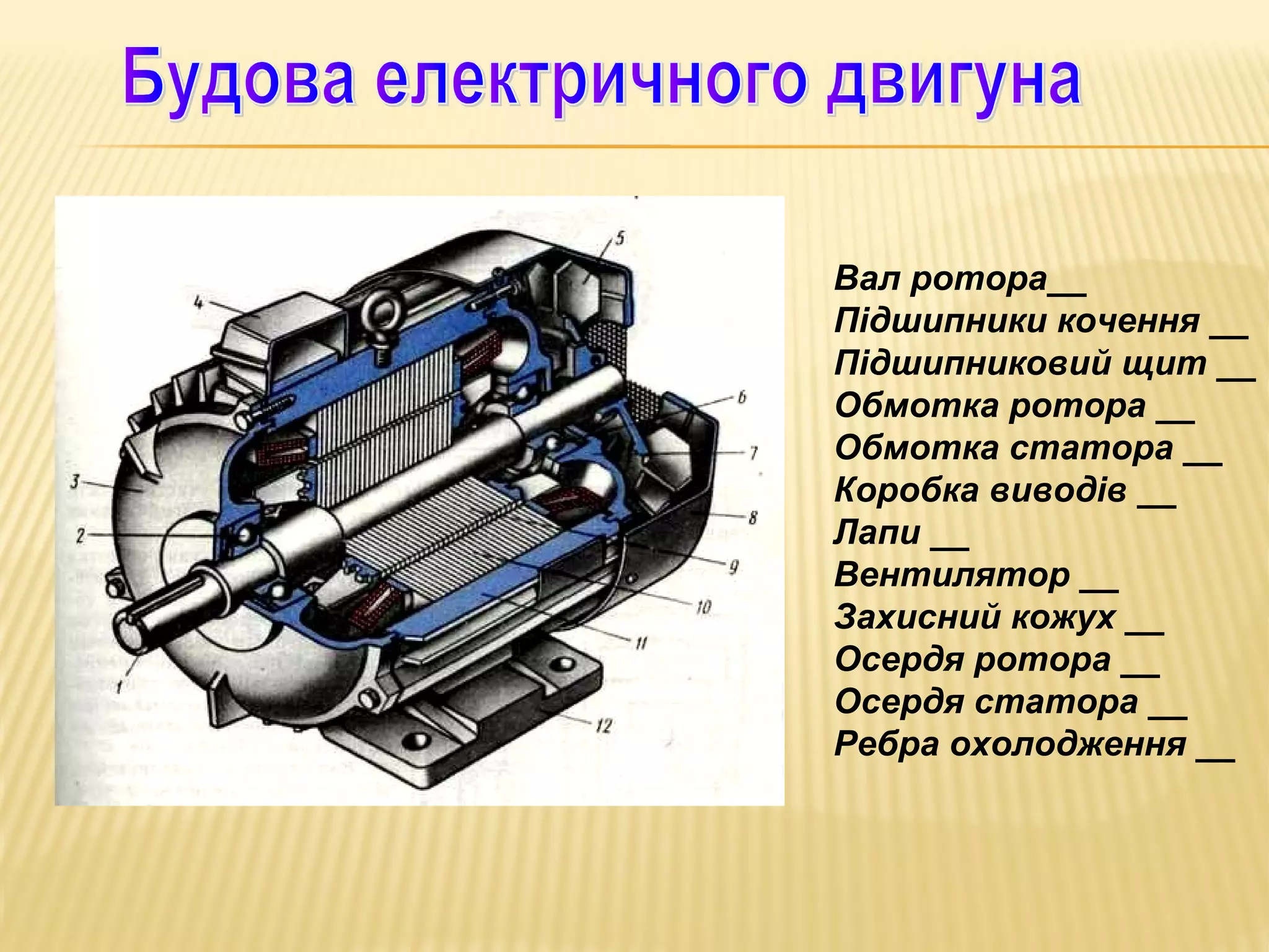 Вал ротора__
Підшипники кочення __
Підшипниковий щит __
Обмотка ротора __
Обмотка статора __
Коробка виводів __
Лапи __
Вентилятор __
Захисний кожух __
Осердя ротора __
Осердя статора __
Ребра охолодження __

 