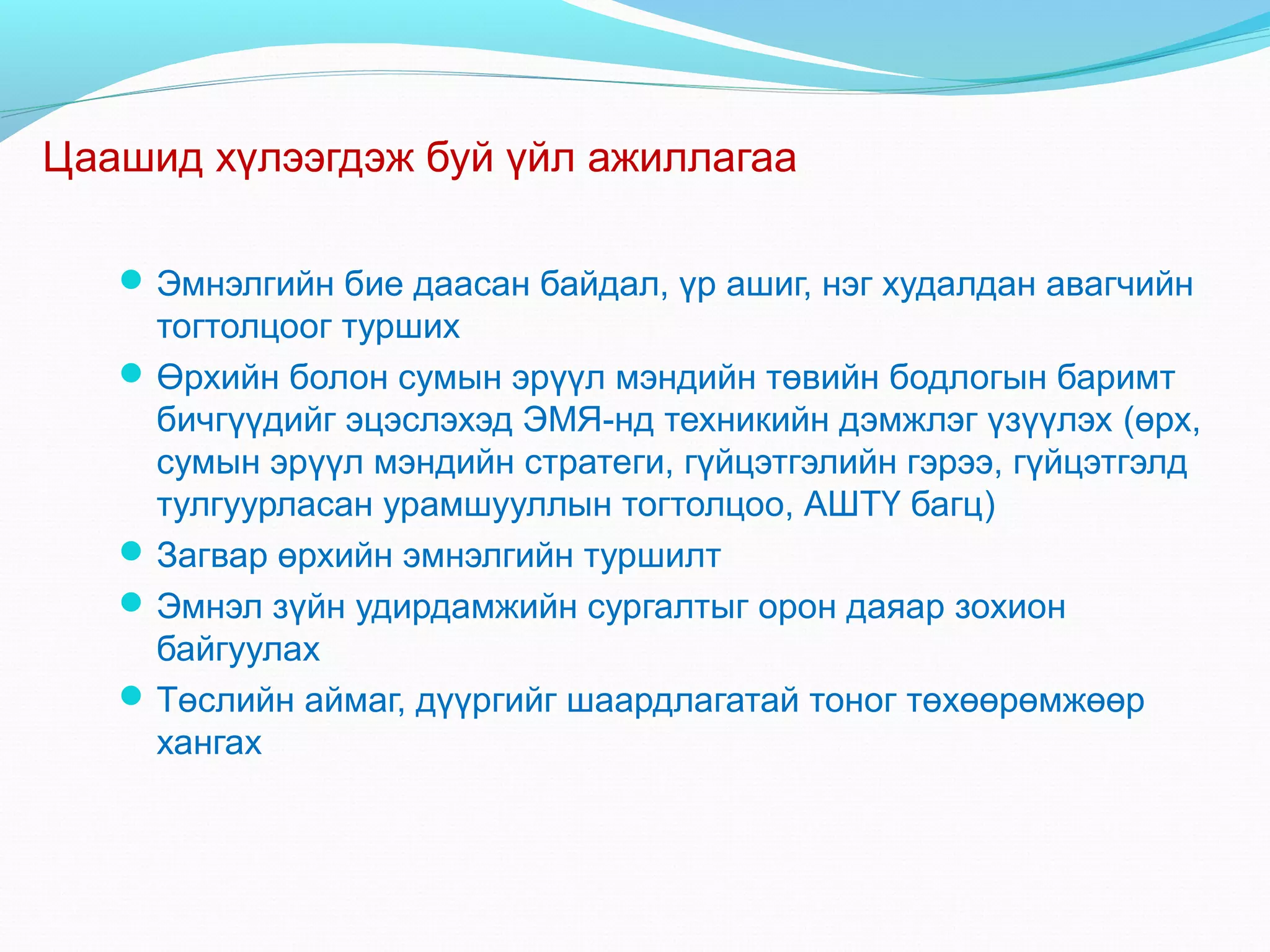 Цаашид хүлээгдэж буй үйл ажиллагаа
 Эмнэлгийн бие даасан байдал, үр ашиг, нэг худалдан авагчийн

тогтолцоог турших
 Өрхийн болон сумын эрүүл мэндийн төвийн бодлогын баримт
бичгүүдийг эцэслэхэд ЭМЯ-нд техникийн дэмжлэг үзүүлэх (өрх,
сумын эрүүл мэндийн стратеги, гүйцэтгэлийн гэрээ, гүйцэтгэлд
тулгуурласан урамшууллын тогтолцоо, АШТҮ багц)
 Загвар өрхийн эмнэлгийн туршилт
 Эмнэл зүйн удирдамжийн сургалтыг орон даяар зохион
байгуулах
 Төслийн аймаг, дүүргийг шаардлагатай тоног төхөөрөмжөөр
хангах

 