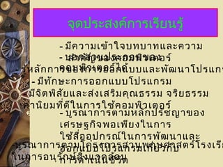 จุดประสงค์การเรียนรู้

- มีค วามเข้า ใจบทบาทและความ
- บอกส่วของคอมพิว เตอร์
สำา คัญ นประกอบของ
คอมพิว เตอร์ไ ด้
- รู้ห ลัก การของการออกแบบและพัฒ นาโปรแกร
- มีท ัก ษะการออกแบบโปรแกรม
- มีจ ิต พิส ย และส่ง เสริม คุณ ธรรม จริย ธรรม
ั
ค่า นิย มที่ด ีใ นการใช้ค อมพิว เตอร์
- บูร ณาการตามหลัก ปรัช ญาของ
เศรษฐกิจ พอเพีย งในการ
ใช้ส อ อุป กรณ์ใ นการพัฒ นาและ
ื่
-บูร ณาการตามโครงการสวนพฤษศาสตร์โ รงเรีย
ออกแบบโปรแกรมเกี่ย วกับ
ในการอนุร ัก ษ์ส ง แวดล้อ ม
การดำิ่ า เนิน ชีว ิต

 