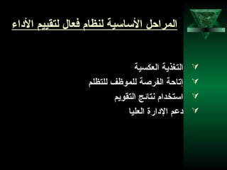 10
‫الاداء‬ ‫لتقييم‬ ‫فنعال‬ ‫لنظام‬ ‫الساسية‬ ‫المراحل‬
‫النعكسية‬ ‫التغذية‬
‫للتظلم‬ ‫للموظف‬ ‫الفرصة‬ ‫إتاحة‬
‫التقويم‬ ‫نتائج‬ ‫استخدام‬
‫النعليا‬ ‫الادارة‬ ‫ادعم‬
 