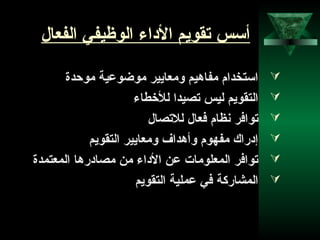 11
‫الفنعال‬ ‫الوظيفي‬ ‫الاداء‬ ‫تقويم‬ ‫أسس‬
‫موحدة‬ ‫موضوعية‬ ‫ومنعايير‬ ‫مفاهيم‬ ‫استخدام‬
‫للتخطاء‬ ‫تصيدا‬ ‫ليس‬ ‫التقويم‬
‫للتصال‬ ‫فنعال‬ ‫نظام‬ ‫توافر‬
‫التقويم‬ ‫ومنعايير‬ ‫وأهداف‬ ‫مفهوم‬ ‫إادراك‬
‫المنعتمدة‬ ‫مصاادرها‬ ‫من‬ ‫الاداء‬ ‫عن‬ ‫المنعلومات‬ ‫توافر‬
‫التقويم‬ ‫عملية‬ ‫في‬ ‫المشاركة‬
 