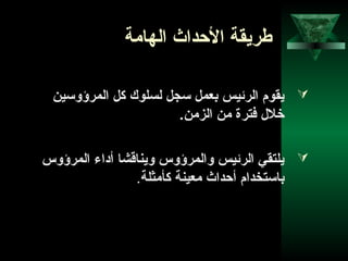 21
‫الهامة‬ ‫الدحداث‬ ‫طريقة‬
‫المرؤوسين‬ ‫كل‬ ‫لسلوك‬ ‫سجل‬ ‫بعمل‬ ‫الرئيس‬ ‫يقوم‬
.‫الزمن‬ ‫من‬ ‫فترة‬ ‫خل ل‬
‫المرؤوس‬ ‫أاداء‬ ‫ويناقشا‬ ‫والمرؤوس‬ ‫الرئيس‬ ‫يلتقي‬
‫كأمثلة‬ ‫معينة‬ ‫أدحداث‬ ‫باستخدام‬.
 
