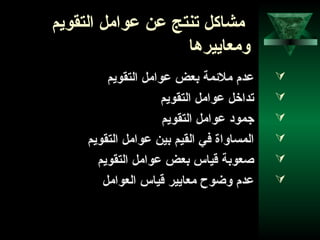 29
‫التقويم‬ ‫عوامل‬ ‫عن‬ ‫تنتج‬ ‫مشاكل‬
‫ومعاييردها‬
‫التقويم‬ ‫عوامل‬ ‫بعض‬ ‫ملئمة‬ ‫عدم‬
‫التقويم‬ ‫عوامل‬ ‫تداخل‬
‫التقويم‬ ‫عوامل‬ ‫جمواد‬
‫التقويم‬ ‫عوامل‬ ‫بين‬ ‫القيم‬ ‫في‬ ‫المساواة‬
‫التقويم‬ ‫عوامل‬ ‫بعض‬ ‫قياس‬ ‫صعوبة‬
‫العوامل‬ ‫قياس‬ ‫معايير‬ ‫وضوح‬ ‫عدم‬
 