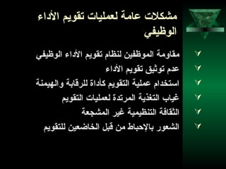 30
‫الاداء‬ ‫تقويم‬ ‫لعمليات‬ ‫عامة‬ ‫مشكلت‬
‫الوظيفي‬
‫الوظيفي‬ ‫الاداء‬ ‫تقويم‬ ‫لنظام‬ ‫الموظفين‬ ‫مقاومة‬
‫الاداء‬ ‫تقويم‬ ‫توثيق‬ ‫عدم‬
‫والهيمنة‬ ‫للرقابة‬ ‫كأاداة‬ ‫التقويم‬ ‫عملية‬ ‫استخدام‬
‫التقويم‬ ‫لعمليات‬ ‫المرتدة‬ ‫التغذية‬ ‫غياب‬
‫المشجعة‬ ‫غير‬ ‫التنظيمية‬ ‫الثقافة‬
‫للتقويم‬ ‫الخاضعين‬ ‫قبل‬ ‫من‬ ‫بالدحباط‬ ‫الشعور‬
 