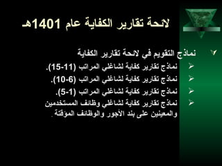 37
‫عام‬ ‫الكفاية‬ ‫تقارير‬ ‫لحئحة‬1401‫هـ‬
‫الكفاية‬ ‫تقارير‬ ‫لحئحة‬ ‫في‬ ‫التقويم‬ ‫نماذج‬
) ‫المراتب‬ ‫لشاغلي‬ ‫كفاية‬ ‫تقارير‬ ‫نماذج‬11-15.(
) ‫المراتب‬ ‫لشاغلي‬ ‫كفاية‬ ‫تقارير‬ ‫نماذج‬6-10.(
) ‫المراتب‬ ‫لشاغلي‬ ‫كفاية‬ ‫تقارير‬ ‫نماذج‬1-5.(
‫المستخدمين‬ ‫وظاحئف‬ ‫لشاغلي‬ ‫كفاية‬ ‫تقارير‬ ‫نماذج‬
‫المؤقتة‬ ‫والوظاحئف‬ ‫الوجور‬ ‫بند‬ ‫على‬ ‫والمعينين‬.
 