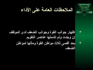 54
‫الداء‬ ‫على‬ ‫العامة‬ ‫الملحظات‬
‫الموظف‬ ‫لدى‬ ‫الضعف‬ ‫وجوانب‬ ‫القوة‬ ‫جوانب‬ ‫اظهار‬
‫التقويم‬ ‫عناصر‬ ‫تشملها‬ ‫ولم‬ ‫وجدت‬ ‫إن‬
‫لمواطن‬ ‫ومثلها‬ ‫القوة‬ ‫مواطن‬ ‫ثل ث‬ ‫أقصى‬ ‫بحد‬
‫الضعف‬
 