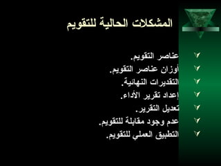 65
‫للتقويم‬ ‫الحالية‬ ‫المشكلت‬
.‫التقويم‬ ‫عناصر‬
.‫التقويم‬ ‫عناصر‬ ‫أوزان‬
.‫النهائية‬ ‫التقديرات‬
.‫الداء‬ ‫تقرير‬ ‫إعداد‬
.‫التقرير‬ ‫تعديل‬
.‫للتقويم‬ ‫مقابلة‬ ‫وجود‬ ‫عدم‬
.‫للتقويم‬ ‫العملي‬ ‫التطبيق‬
 