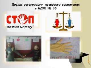 Формы организации правового воспитания
в МОШ № 36
Недели против
насилия

Постоянные
мероприятия против
наркотиков, алкоголя
, табакокурения

Месячники
гендерного равенства

Дни
толерантности

 