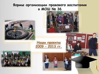 Формы организации правового воспитания
в МОШ № 36

«Нет будущего у
того, кто не
помнит своего
прошлого»

«Откуда взялись права
и свободы у граждан
Украины?»

Наши проекты
2009 – 2013 гг.

«Мы знаем свои
права»

«Правовой
ящик»

«Нет - детской
преступности»

 