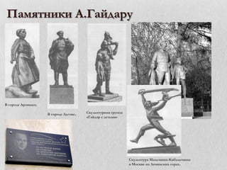 Памятники А.Гайдару

В городе Арзамасе.
В городе Льгове.

Скульптурная группа
«Гайдар с детьми»

Скульптура Мальчиша-Кибальчиша
в Москве на Ленинских горах.

 