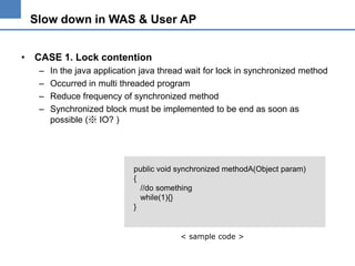 Slow down in WAS & User AP
• CASE 1. Lock contention
–
–
–
–

In the java application java thread wait for lock in synchronized method
Occurred in multi threaded program
Reduce frequency of synchronized method
Synchronized block must be implemented to be end as soon as
possible (※ IO? )

public void synchronized methodA(Object param)
{
//do something
while(1){}
}

< sample code >

 