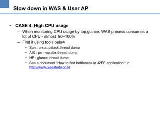 Slow down in WAS & User AP
• CASE 4. High CPU usage
– When monitoring CPU usage by top,glance. WAS process consumes a
lot of CPU - almost 90~100%
– Find it using tools below
•
•
•
•

Sun : prstat,pstack,thread dump
AIX : ps –mp,dbx,thread dump
HP : glance,thread dump
See a document “How to find bottleneck in J2EE application “ in
http://www.j2eestudy.co.kr

 