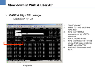 Slow down in WAS & User AP
• CASE 4. High CPU usage
– Example in HP UX
1.
2.
3.
4.
5.
6.

HP glance

Start “glance”
Press “G” and enter the
WAS PID
Find the TID that
consumes a lot of CPU
resource
Get a thread dump
Find the thread in Thread
dump that has a matched
LWID with this TID
And find the reason and
fix it

 