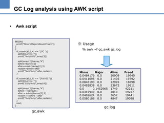 GC Log analysis using AWK script
•

Awk script

BEGIN{
printf("MinortMajortAlivetFreen");
}
{
if( substr($0,1,4) == "[GC "){
split($0,array," ");
printf("%st0.0t",array[3])

}

split(array[2],barray,"K")
before=barray[1]
after=substr(barray[2],3)
reclaim=before-after
printf("%st%sn",after,reclaim)

if( substr($0,1,9) == "[Full GC "){
split($0,array," ");
printf("0.0t%st",array[4])
split(array[3],barray,"K")
before = barray[1]
after = substr(barray[2],3)
reclaim = before - after
printf("%st%sn",after,reclaim)

}

}
next;

gc.awk

※ Usage
% awk –f gc.awk gc.log

Minor
Major
Alive
0.0484179 0.0
20909
0.0411095 0.0
21405
0.0846190 0.0
22995
0.0492838 0.0
23672
0.0
0.1452965 1749
0.0310949 0.0
2810
0.0469624 0.0
3657
0.0580108 0.0
4847

gc.log

Freed
19640
19792
18698
19611
42211
19227
19441
19098

 