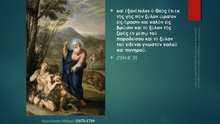 



Aureliano Milani (1675-1749

καὶ ἐ ξανέ τειλεν ὁ Θεὸ ς ἔ τι ἐ κ
τῆ ς γῆ ς πᾶ ν ξύ λον ὡ ραῖ ον
εἰ ς ὅ ρασιν καὶ καλὸ ν εἰ ς
βρῶ σιν καὶ τὸ ξύ λον τῆ ς
ζωῆ ς ἐ ν μέ σῳ τοῦ
παραδεί σου καὶ τὸ ξύ λον
τοῦ εἰ δέ ναι γνωστὸ ν καλοῦ
καὶ πονηροῦ .
(ΓΕΝ Β΄,9)

 