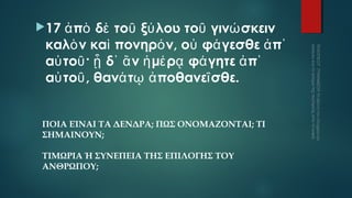 ἀ πὸ δὲ τοῦ ξύ λου τοῦ γινώ σκειν
καλὸ ν καὶ πονηρό ν, οὐ φά γεσθε ἀ π᾿
αὐ τοῦ · ᾗ δ᾿ ἂ ν ἡ μέ ρᾳ φά γητε ἀ π᾿
αὐ τοῦ , θανά τῳ ἀ ποθανεῖ σθε.

17

ΠΟΙΑ ΕΊΝΑΙ ΤΑ ΔΕΝΔΡΑ; ΠΩΣ ΟΝΟΜΑΖΟΝΤΑΙ; ΤΙ
ΣΗΜΑΙΝΟΥΝ;
ΤΙΜΩΡΙΑ Ή ΣΥΝΕΠΕΙΑ ΤΗΣ ΕΠΙΛΟΓΗΣ ΤΟΥ
ΑΝΘΡΩΠΟΥ;

 